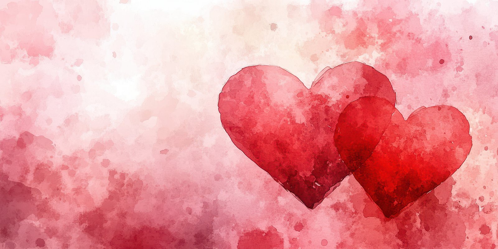 Two red hearts intertwined against a dreamy watercolor background in shades of pink and red